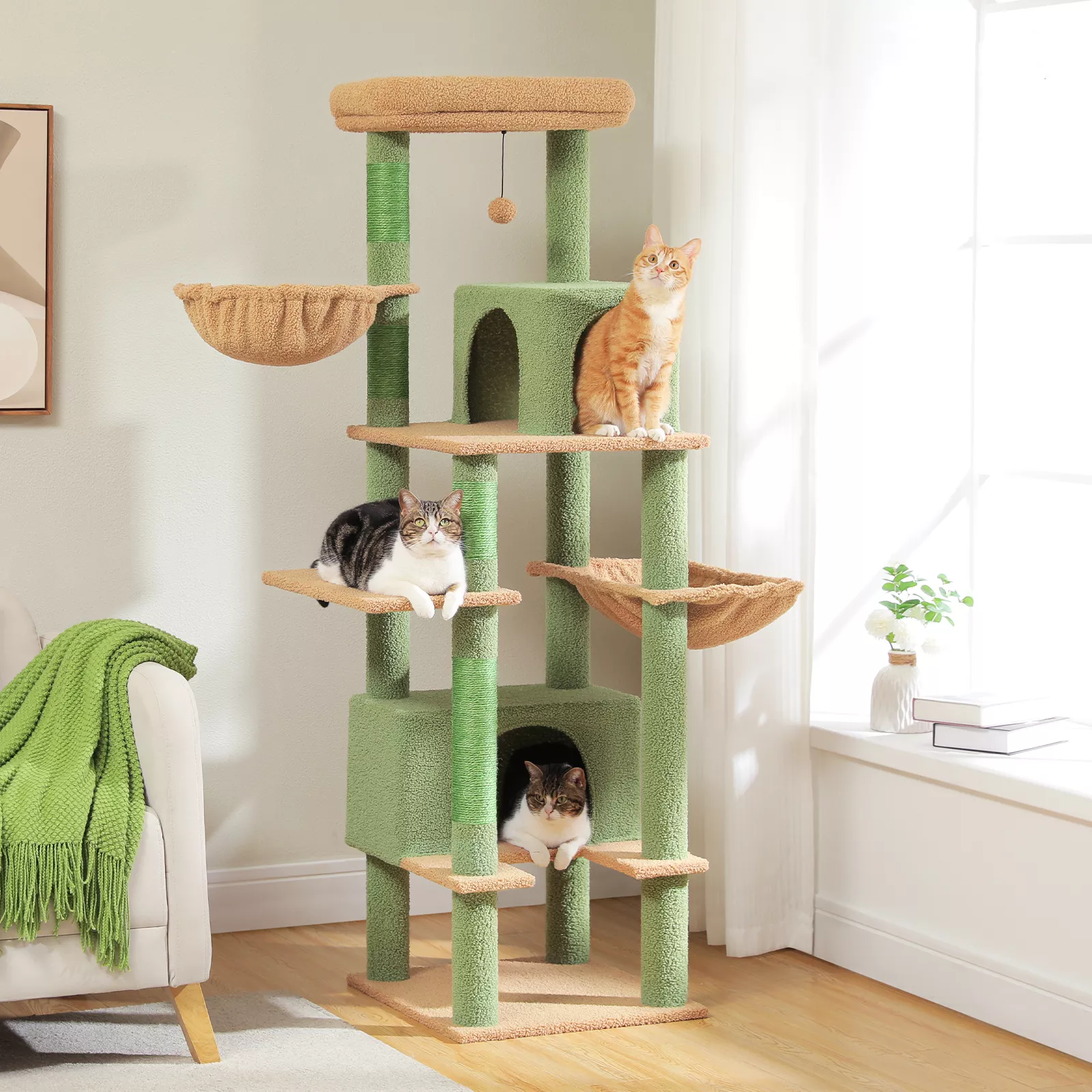 Multi-Level Cat Tree Tower with Sisal Scratching Post, Cat Condos & Cozy Hammock - Image 2