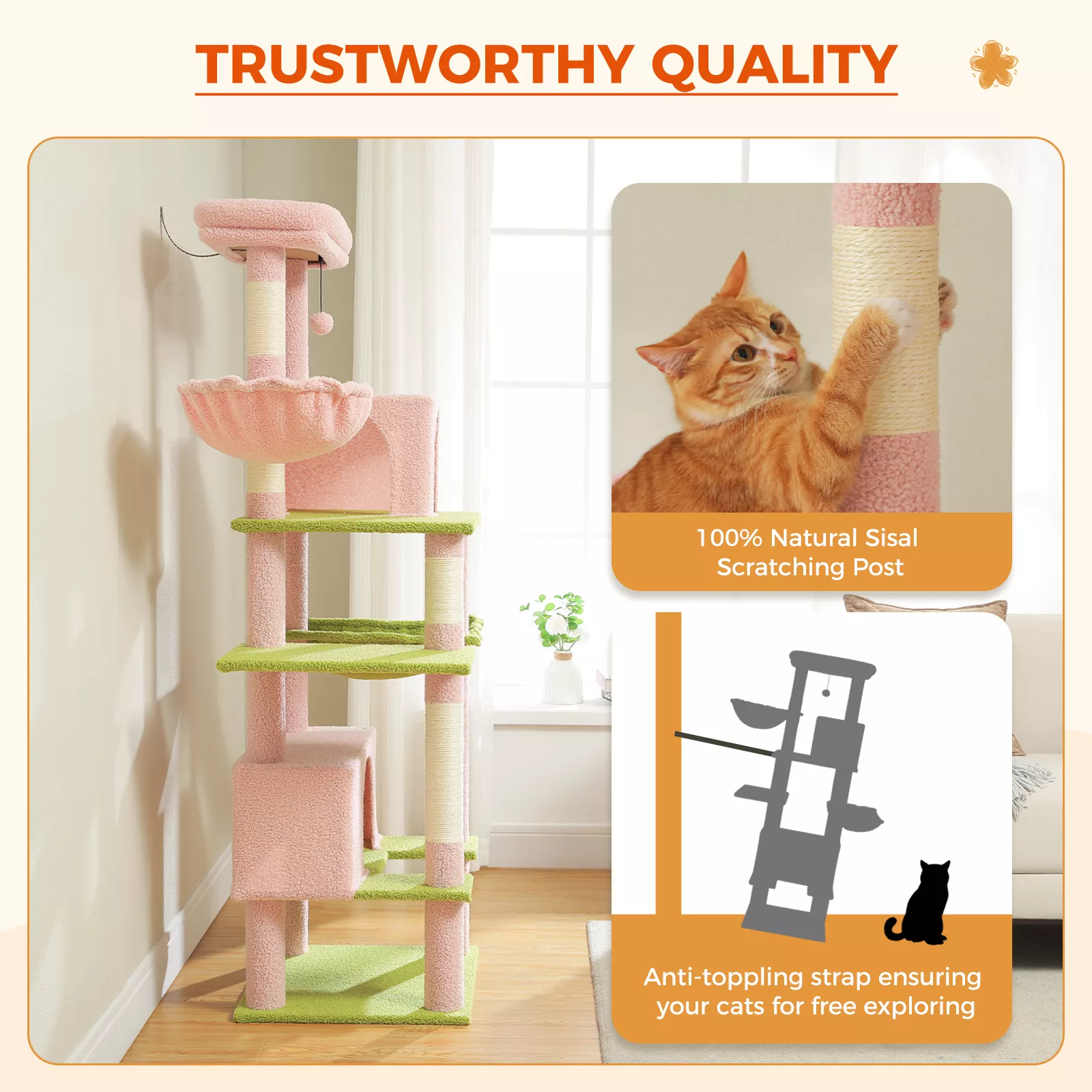 Multi-Level Cat Tree Tower with Sisal Scratching Post, Cat Condos & Cozy Hammock - Image 6