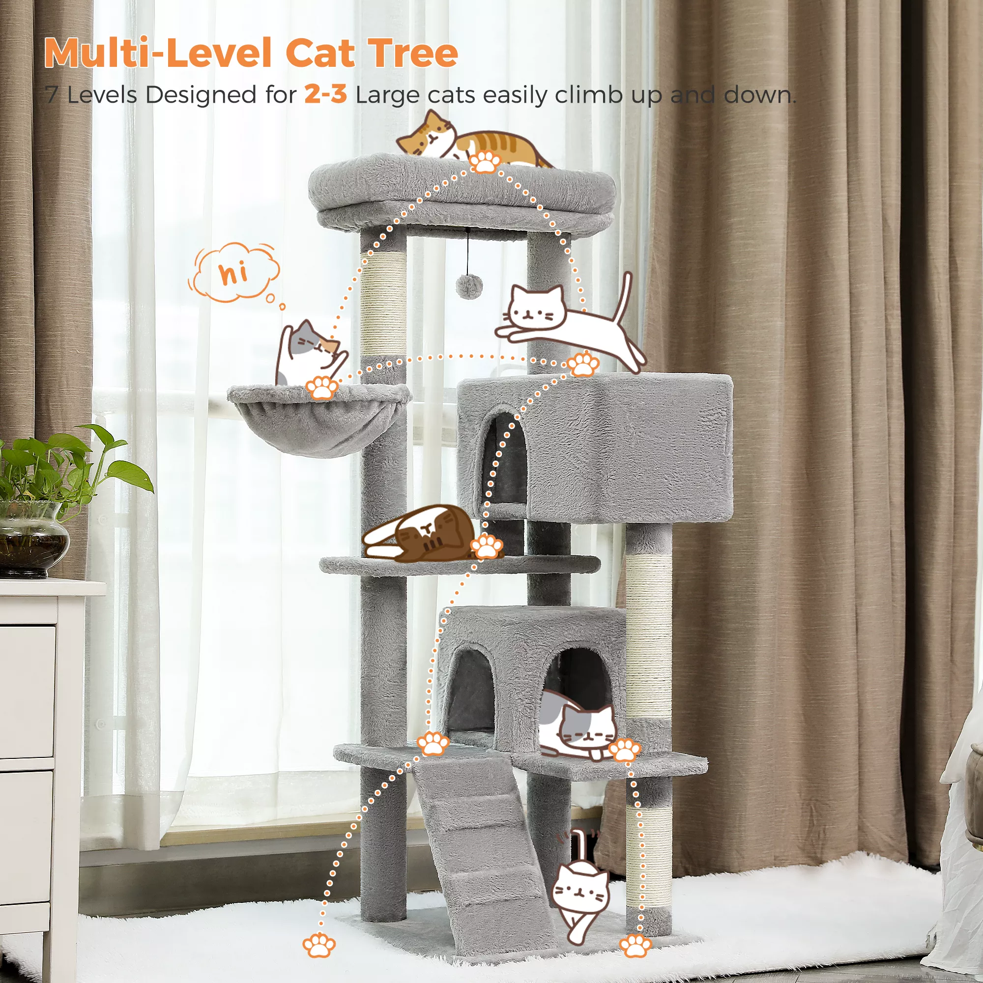 Large Cat Tree with Double Condos, Sisal Scratching Posts & Cozy Hummock - Image 6