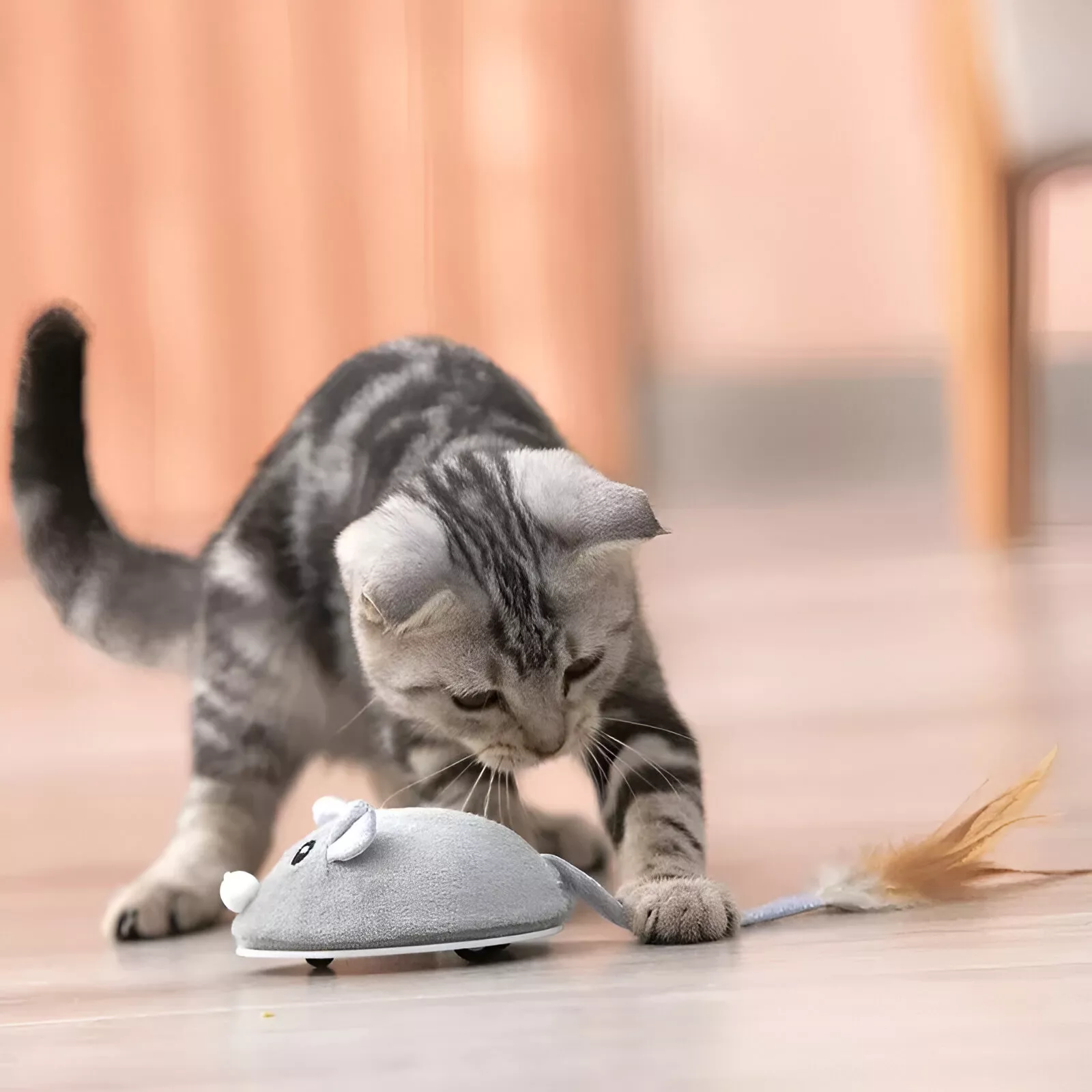 USB Rechargeable Moving Mouse Cat Toy with Feather - Image 3