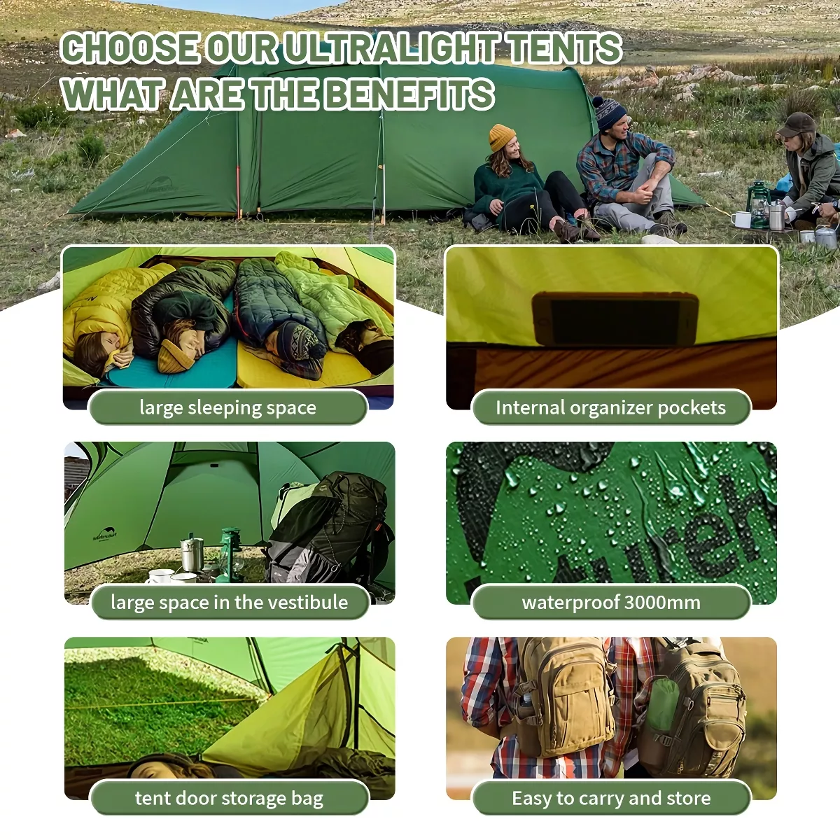 Ultralight 4-Season Hiking Tent for 2-4 People, Waterproof Family Travel Camping Tent - Image 3