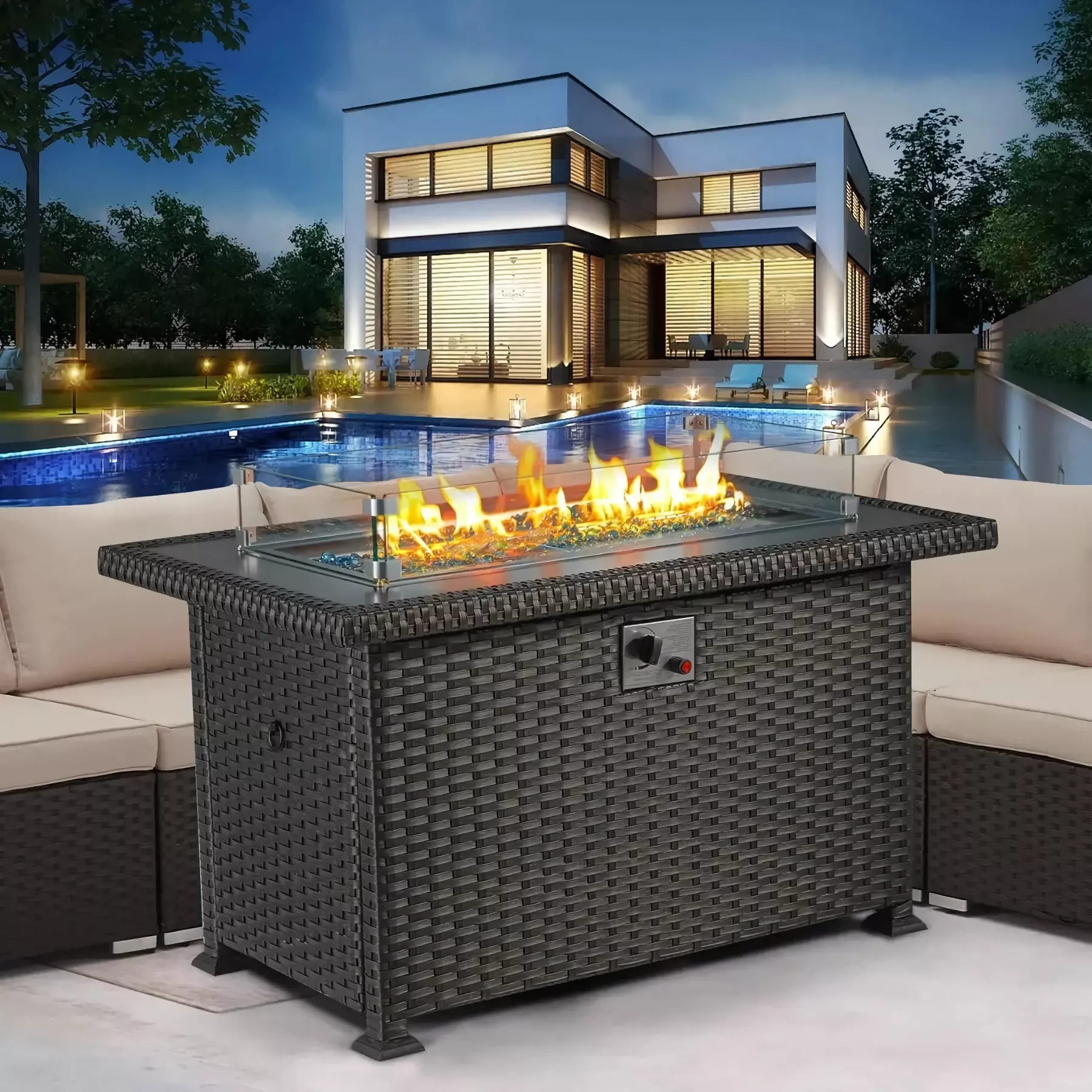 Outdoor 44" Propane Fire Pit Table, 50,000 BTU Auto-Ignition Gas Fire Table
