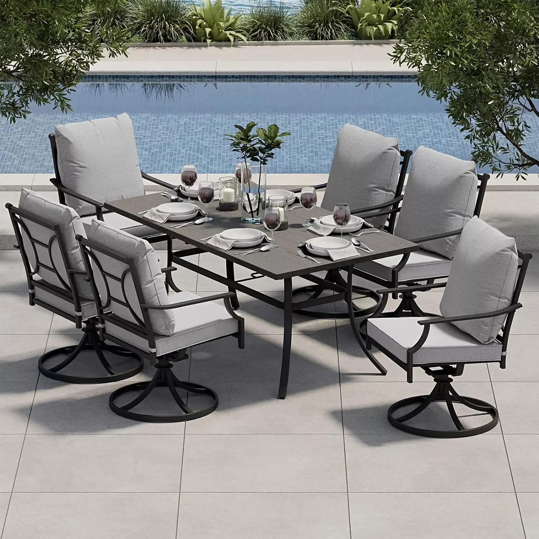 7-Piece Outdoor Dining Set with Swivel Chairs and Faux Woodgrain Table - Image 2