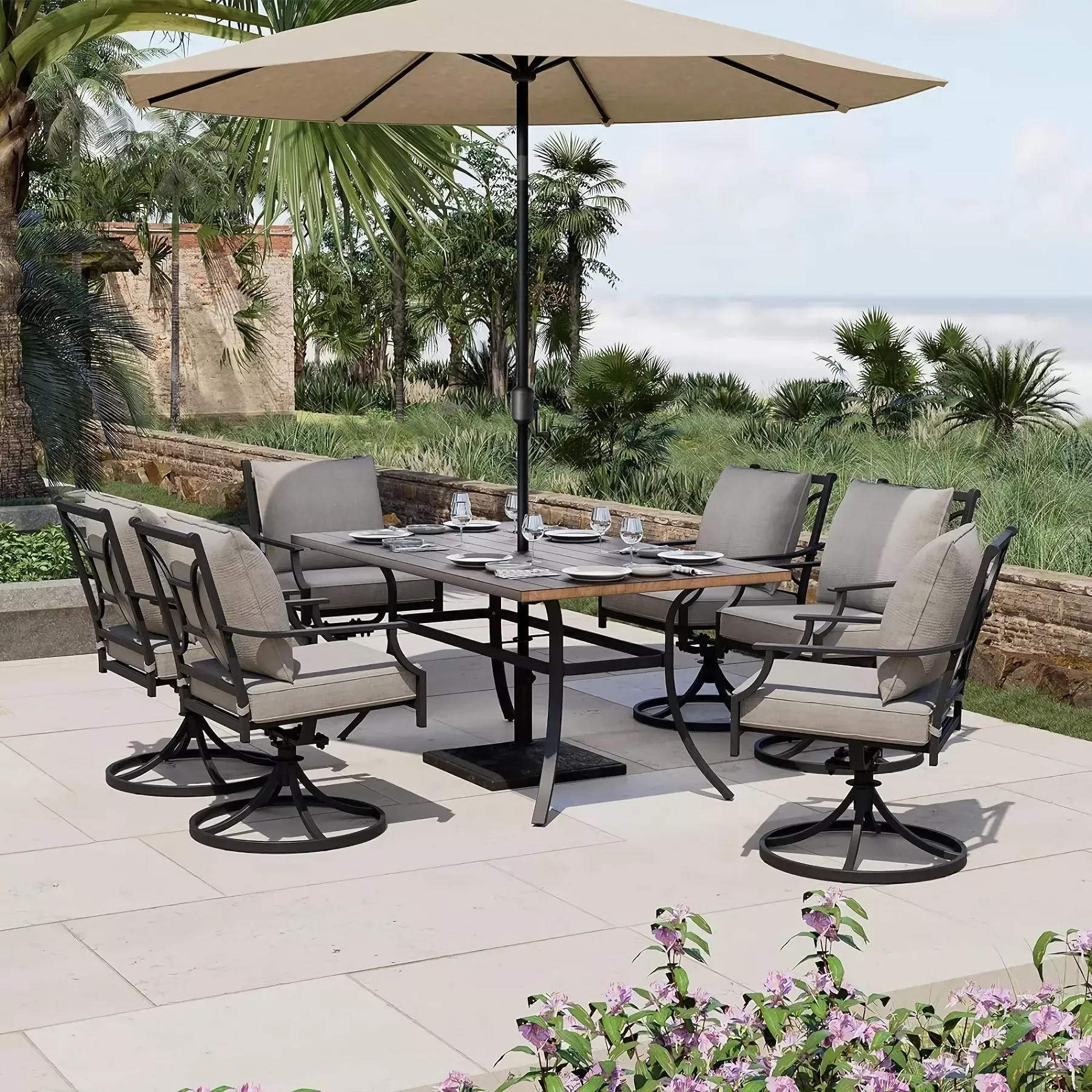 7-Piece Outdoor Dining Set with Swivel Chairs and Faux Woodgrain Table - Image 3