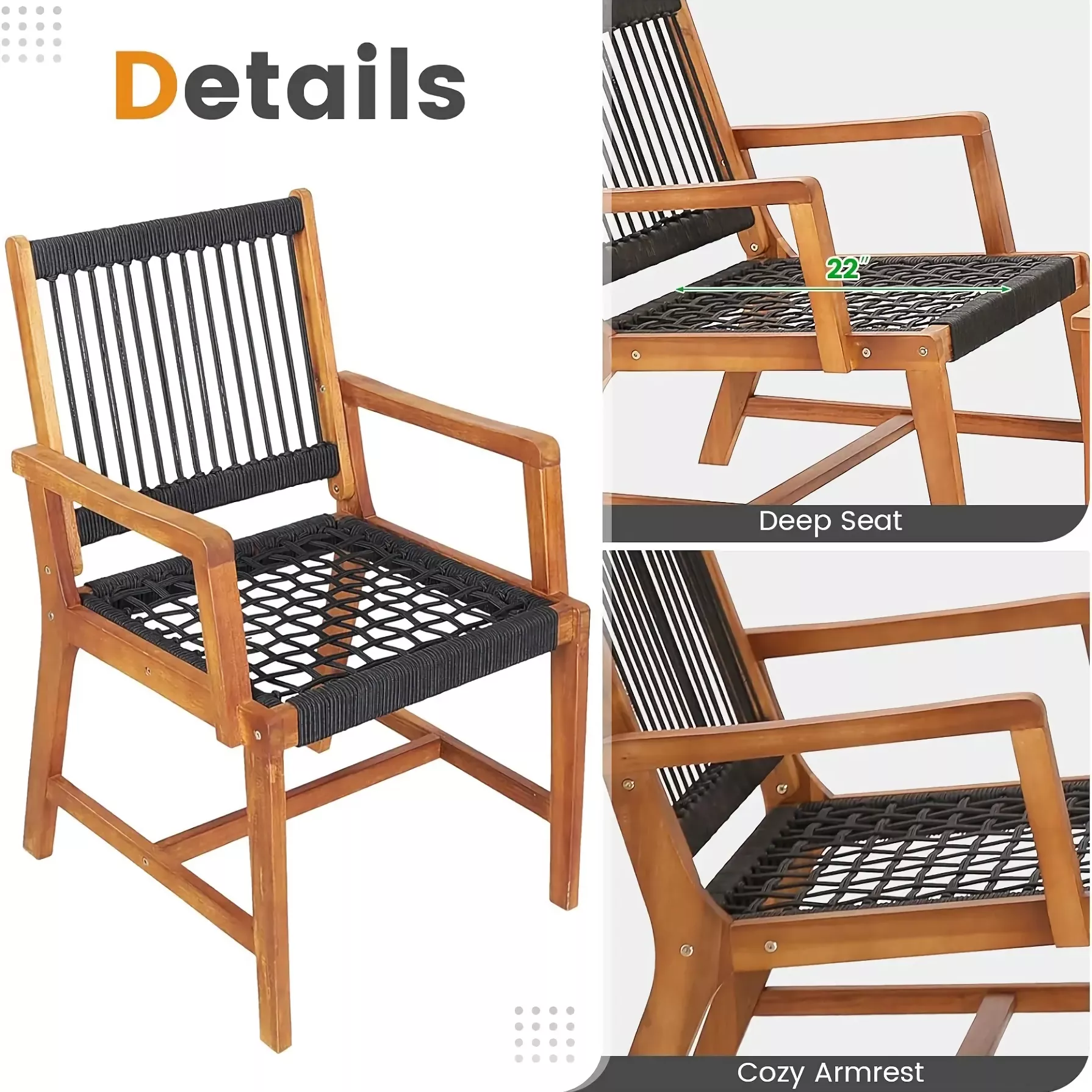 3-Piece Acacia Wood Outdoor Furniture Set with Rope Woven Armchairs & Coffee Table - Image 6
