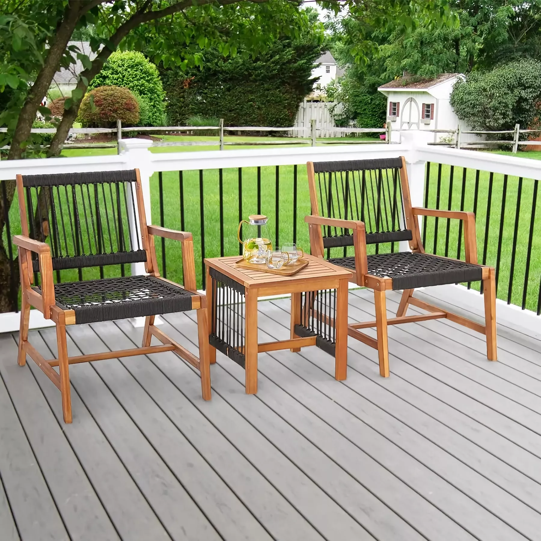 3-Piece Acacia Wood Outdoor Furniture Set with Rope Woven Armchairs & Coffee Table - Image 2