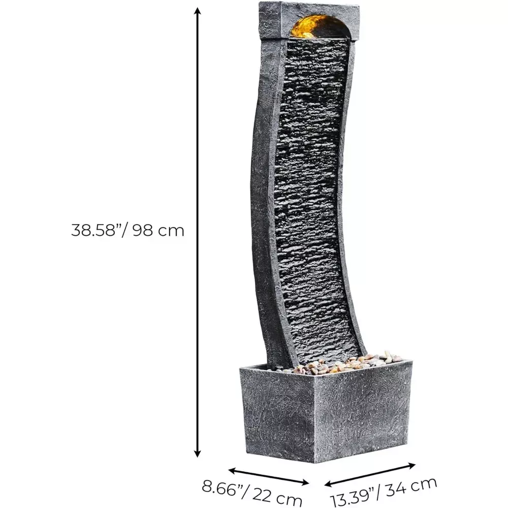 38.58" Curved Faux Slate Waterfall Fountain with LED Lights for Indoor/Outdoor Use - Image 4