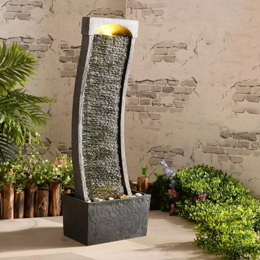 38.58" Curved Faux Slate Waterfall Fountain with LED Lights for Indoor/Outdoor Use - Image 2