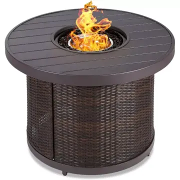32in Round Wicker Gas Fire Pit Table with Faux Wood Top, 50,000 BTU, Glass Beads