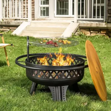 32 Inch Wood Burning Fire Pit with Grill and Lid, Metal Round Outdoor Firepit Table